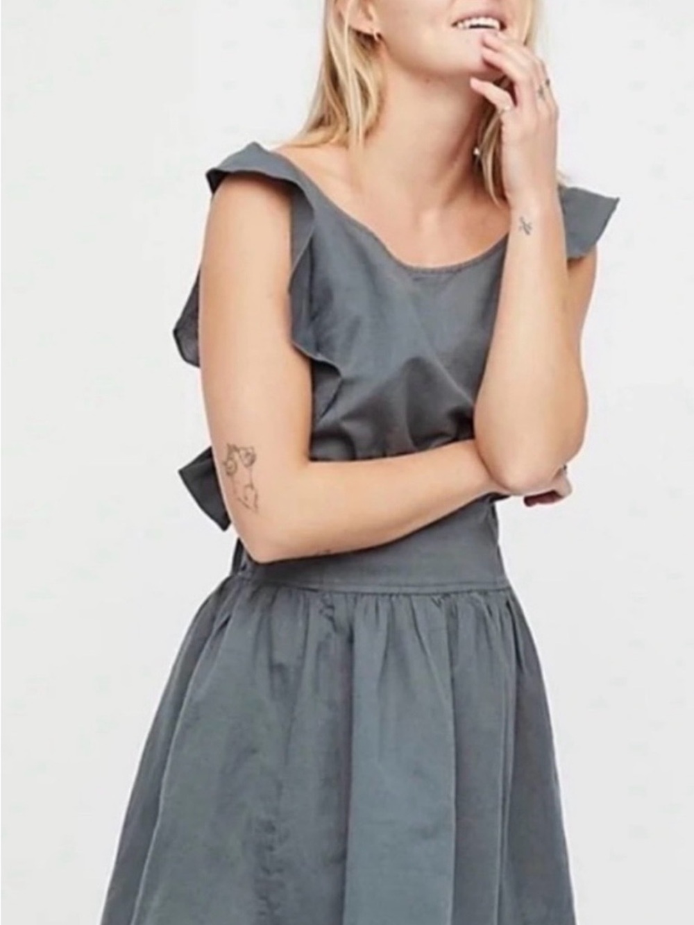 Free People - Gray Ruffle Shoulder Dress